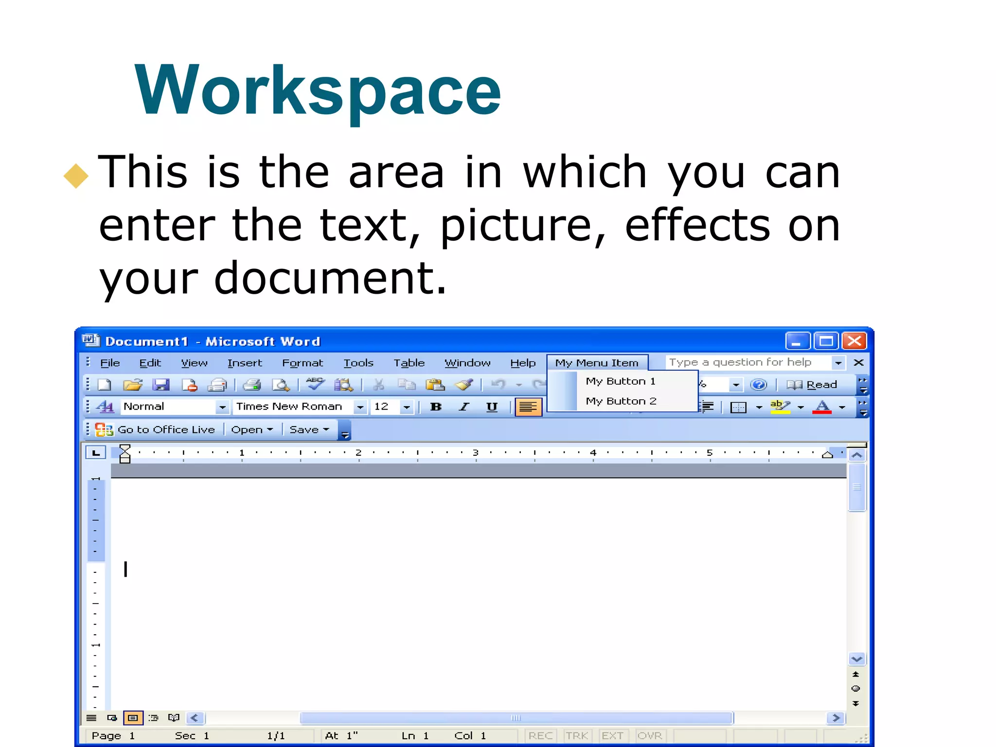 Workspace
 This is the area in which you can
enter the text, picture, effects on
your document.
 
