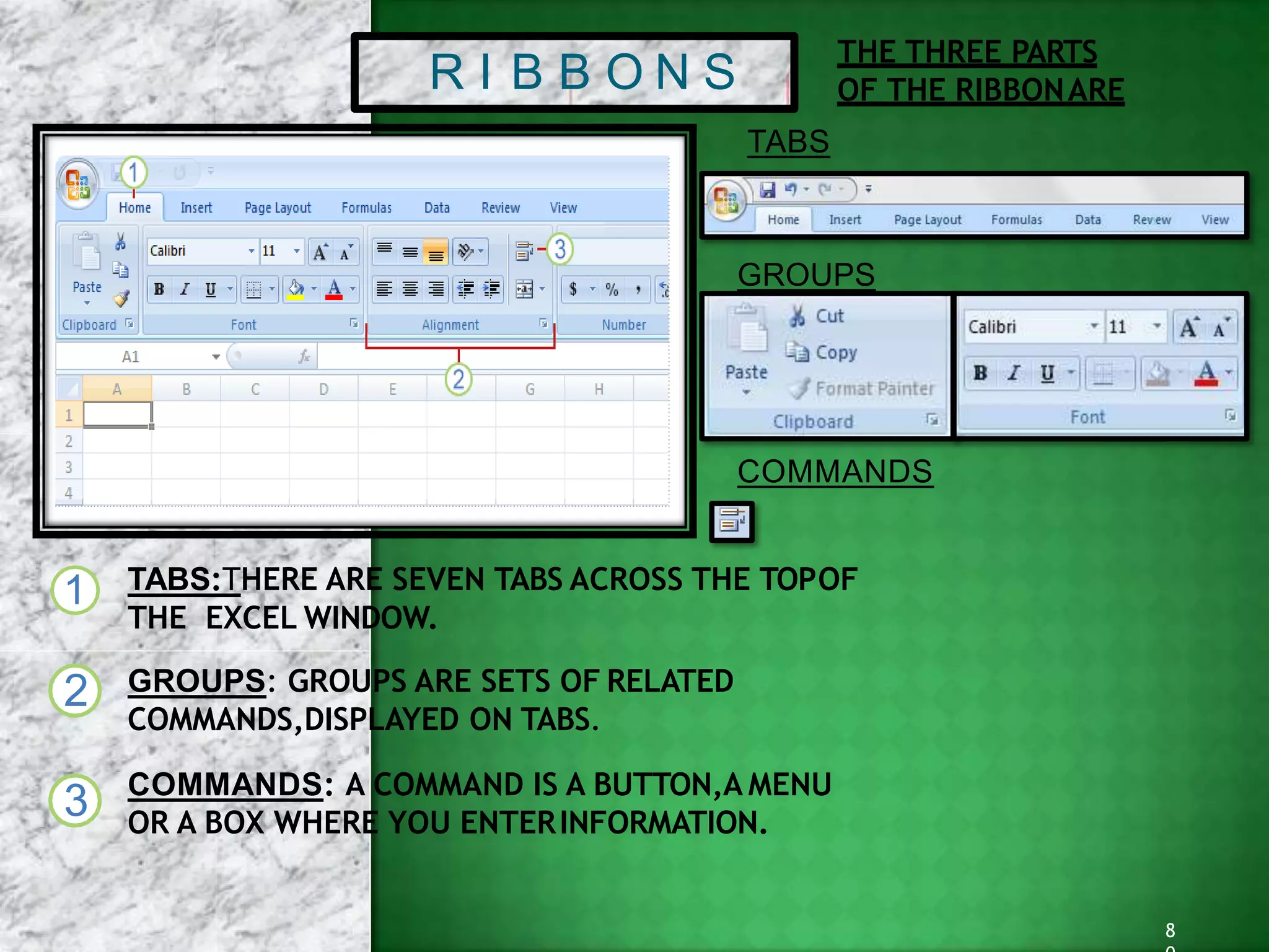 TABS:THERE ARE SEVEN TABS ACROSS THE TOPOF
THE EXCEL WINDOW.
GROUPS: GROUPS ARE SETS OF RELATED
COMMANDS,DISPLAYED ON TABS.
COMMANDS: A COMMAND IS A BUTTON,A MENU
OR A BOX WHERE YOU ENTERINFORMATION.
1
2
3
THE THREE PARTS
OF THE RIBBONARER I B B O N S
TABS
GROUPS
COMMANDS
8
 