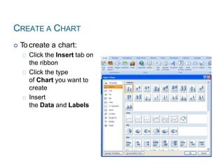 CREATE A CHART
 To create a chart:
Click the Insert tab on
the ribbon
Click the type
of Chart you want to
create
Insert
the Data and Labels
 