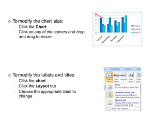  To modify the chart size:
Click the Chart
Click on any of the corners and drop
and drag to resize
 To modify the labels and titles:
Click the chart
Click the Layout tab
Choose the appropriate label to
change
 
