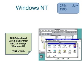 Windows NT
27th July
1993
• Portability to multiple processor
architectures, as well as higher security
and stability
• Designed from scratch (“Unix killer”)
Bill Gates hired
David Cutler from
DEC to design
Windows NT.
(WNT = VMS)
 