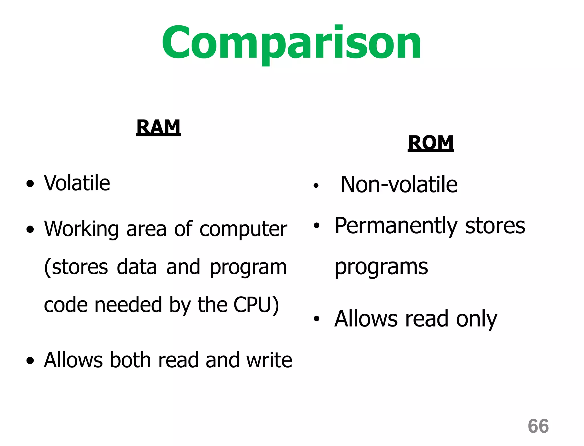 66
Comparison
RAM
• Volatile
• Working area of computer
(stores data and program
code needed by the CPU)
• Allows both read and write
ROM
• Non-volatile
• Permanently stores
programs
• Allows read only
 