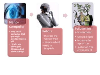 Nano-
computer
• Very small
computer that
you might
swallow inside a
pill
• It tells you
about your
illness and set
about curing il.
Robots
• Increase the
work of men
• Help in school
• Help in
hospitals
Pollution fre
environment
• Uses bio fuels
• Increase the
age of car
• pollution free
environment
 