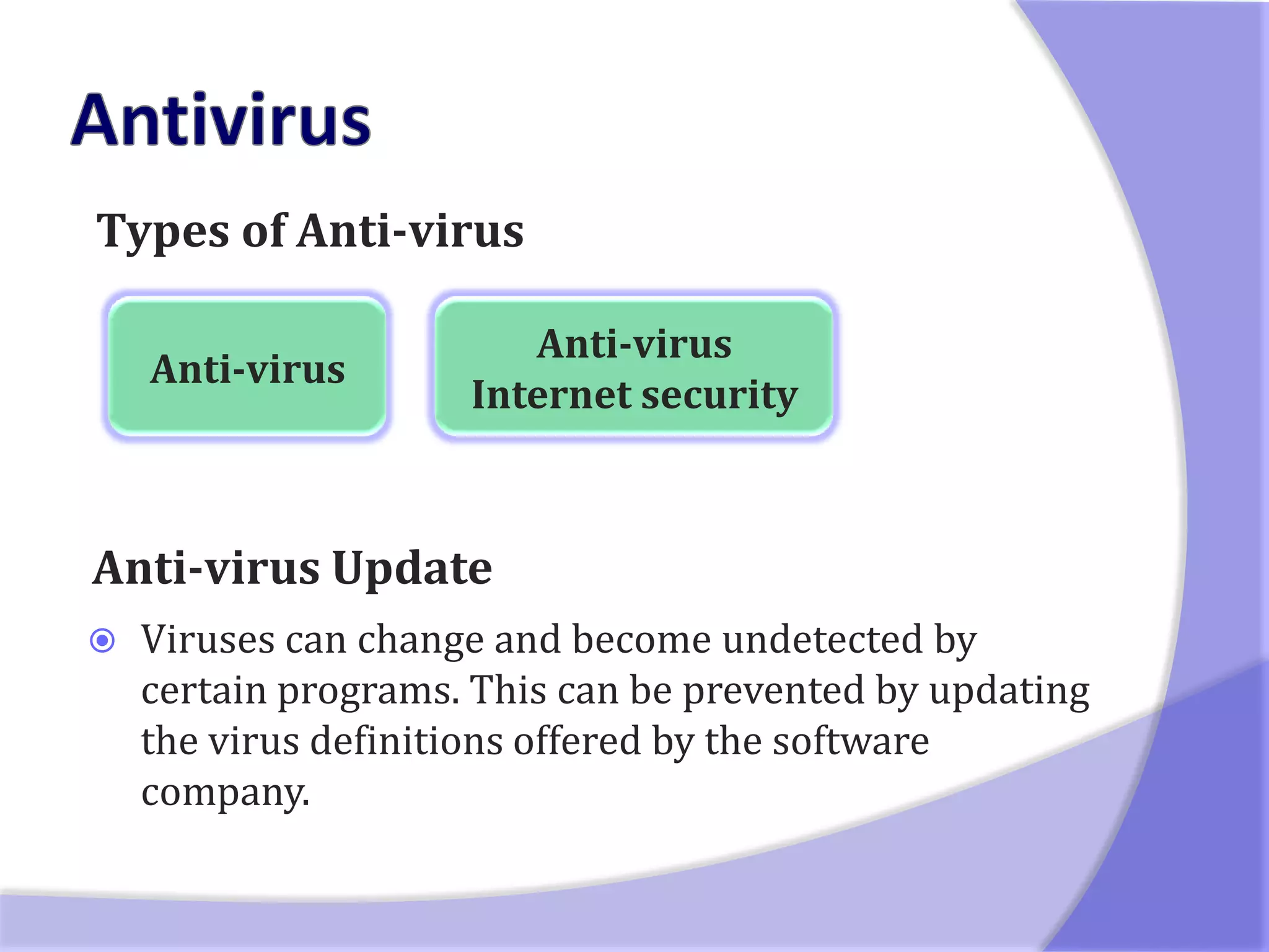 Types of Anti-virus

                        Anti-virus
    Anti-virus
                     Internet security



Anti-virus Update
   Viruses can change and become undetected by
    certain programs. This can be prevented by updating
    the virus definitions offered by the software
    company.
 