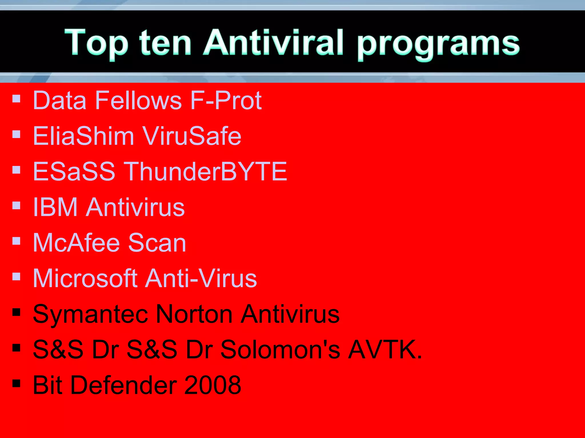  Data Fellows F-Prot
 EliaShim ViruSafe
 ESaSS ThunderBYTE
 IBM Antivirus
 McAfee Scan
 Microsoft Anti-Virus
 Symantec Norton Antivirus
 S&S Dr S&S Dr Solomon's AVTK.
 Bit Defender 2008
 