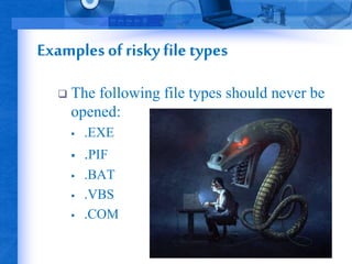 Examples of risky file types 
 The following file types should never be 
opened: 
 .EXE 
 .PIF 
 .BAT 
 .VBS 
 .COM 
 