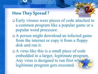 How They Spread ? 
 Early viruses were pieces of code attached to 
a common program like a popular game or a 
popular word processor. 
 A person might download an infected game 
from the internet or copy it from a floppy 
disk and run it. 
 A virus like this is a small piece of code 
embedded in a larger, legitimate program. 
Any virus is designed to run first when the 
legitimate program gets executed. 
 