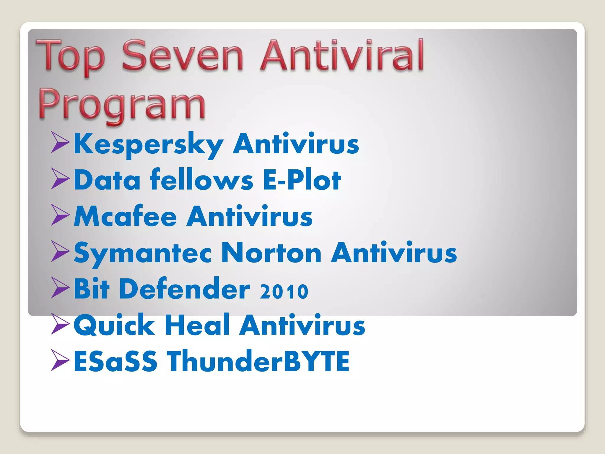 Kespersky Antivirus
Data fellows E-Plot
Mcafee Antivirus
Symantec Norton Antivirus
Bit Defender 2010
Quick Heal Antivirus
ESaSS ThunderBYTE
 