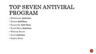  Bitdefender Antivirus
 Norton AntiVirus.
 Kaspersky Anti-Virus
 Trend Micro Antivirus
 Webroot Secure
 Avast antivirus
 Sophos Home
20
 