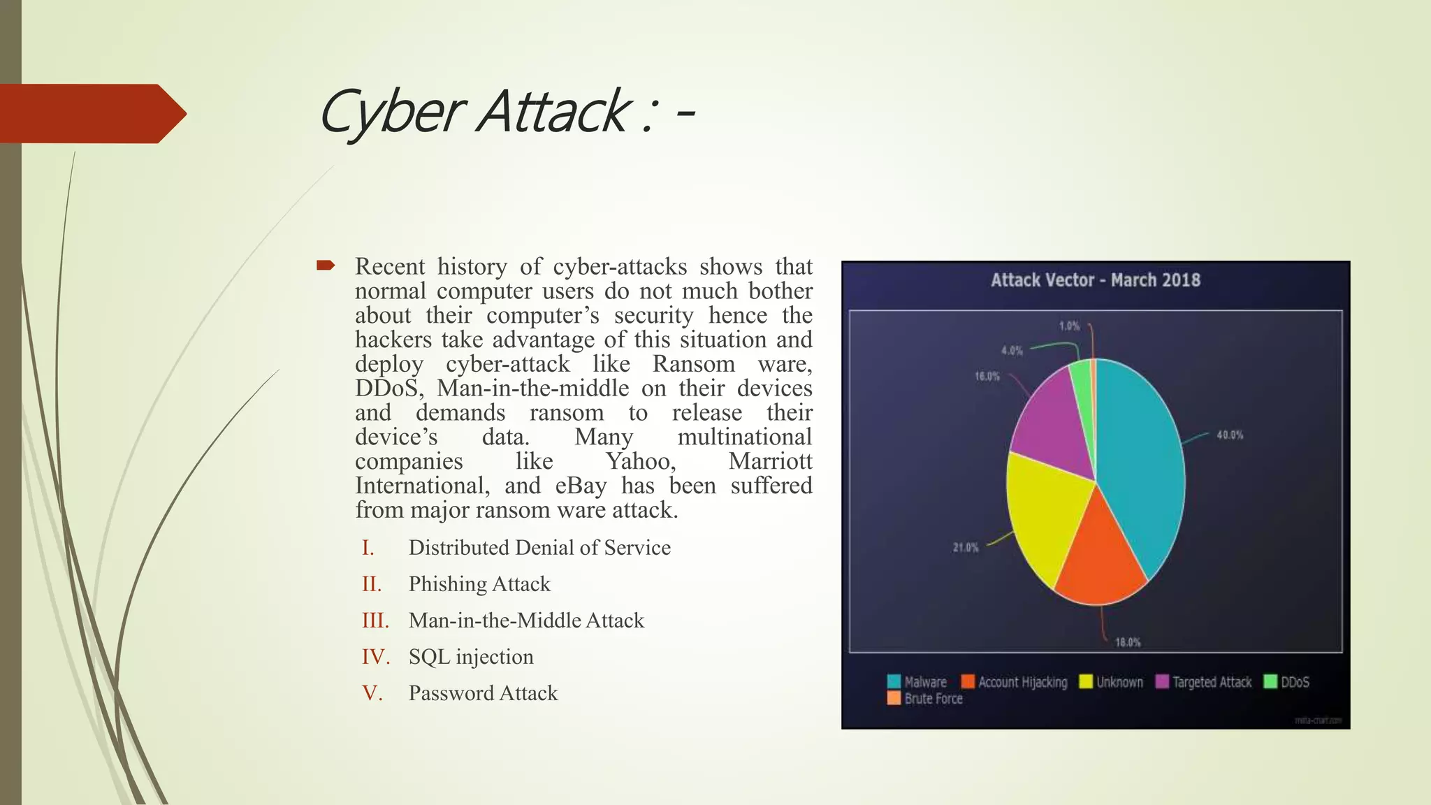 Cyber Attack : -
 Recent history of cyber-attacks shows that
normal computer users do not much bother
about their computer’s security hence the
hackers take advantage of this situation and
deploy cyber-attack like Ransom ware,
DDoS, Man-in-the-middle on their devices
and demands ransom to release their
device’s data. Many multinational
companies like Yahoo, Marriott
International, and eBay has been suffered
from major ransom ware attack.
I. Distributed Denial of Service
II. Phishing Attack
III. Man-in-the-Middle Attack
IV. SQL injection
V. Password Attack
 