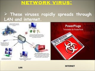 network virus:

 These viruses rapidly spreads through
LAN and internet.




                           INTERNET
      LAN
 