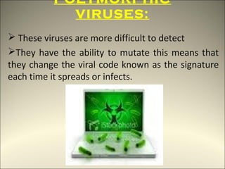 POLYMORPHIC
            VIRUSES:
 These viruses are more difficult to detect
They have the ability to mutate this means that
they change the viral code known as the signature
each time it spreads or infects.
 