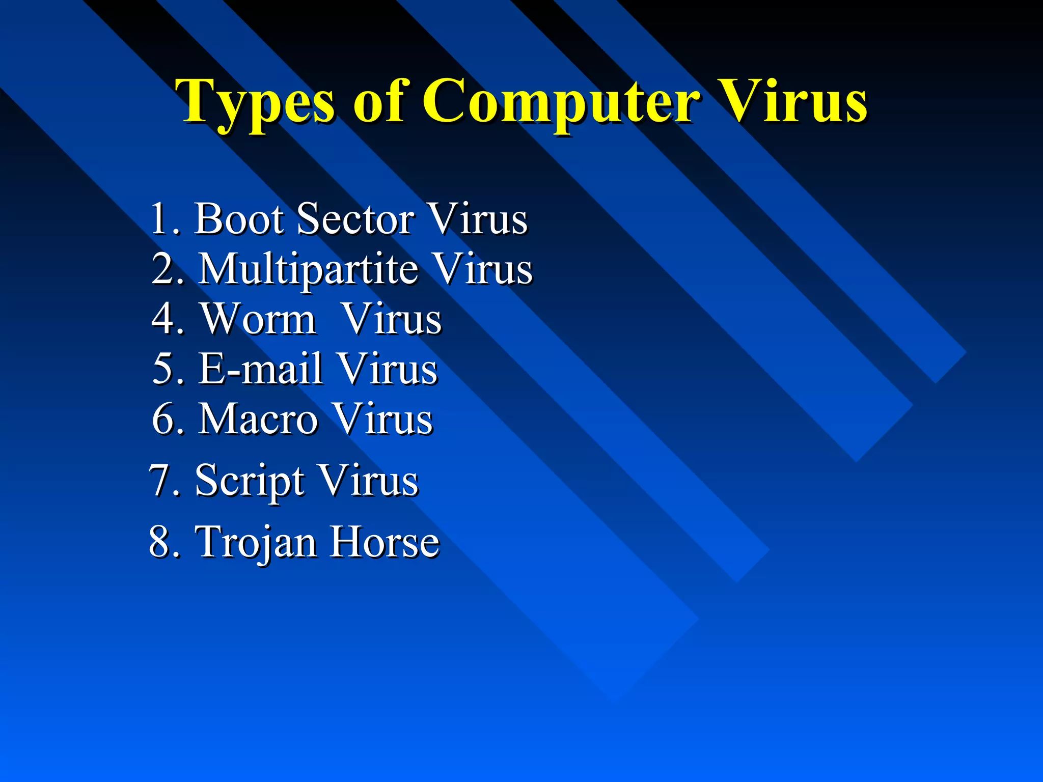 Types of Computer Virus
1. Boot Sector Virus
2. Multipartite Virus
4. Worm Virus
5. E-mail Virus
6. Macro Virus
7. Script Virus
8. Trojan Horse

 