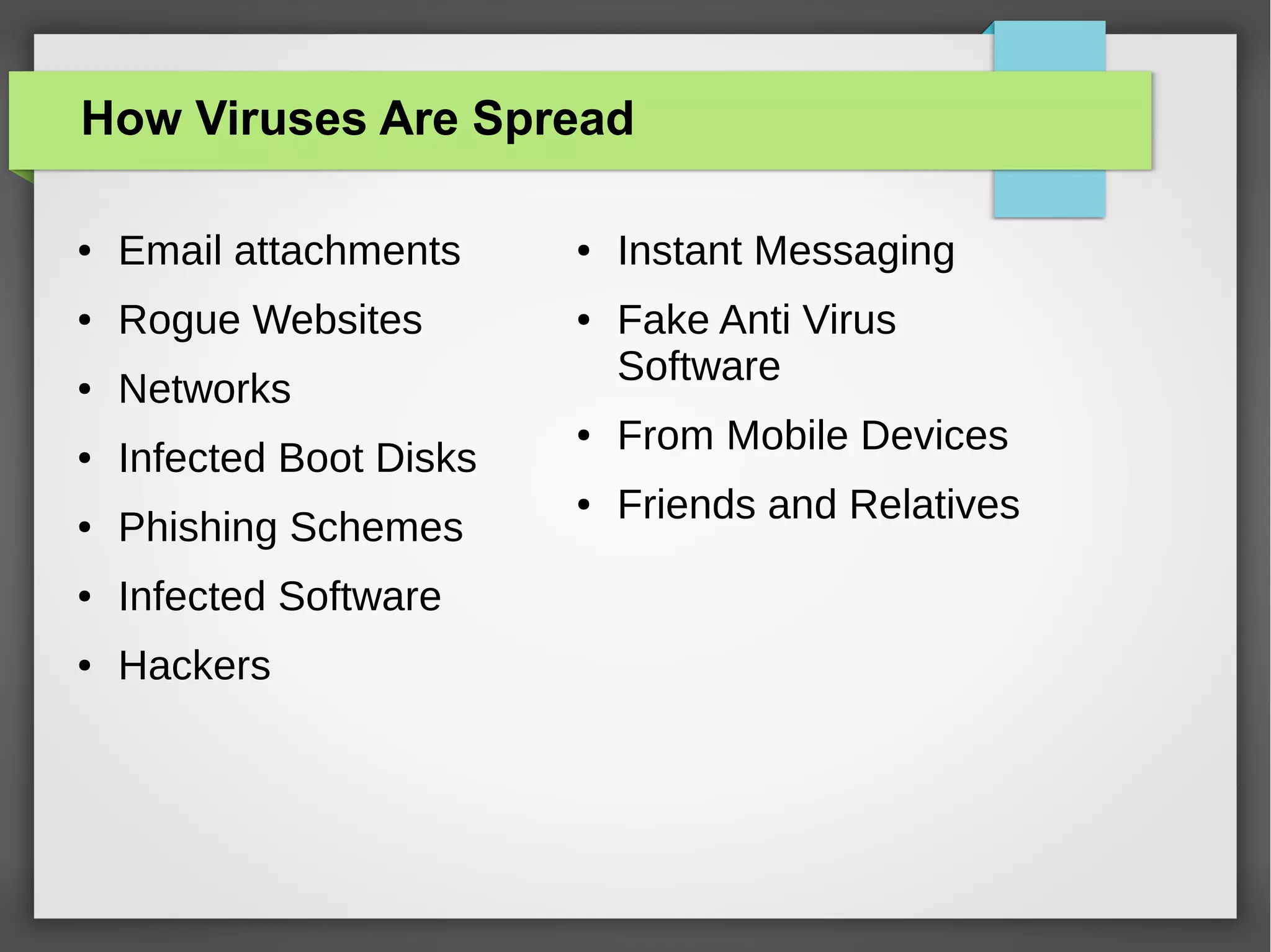 How Viruses Are Spread
●

Email attachments

●

●

Rogue Websites

●

●

Networks

Instant Messaging
Fake Anti Virus
Software

Infected Boot Disks

●

From Mobile Devices

●

Phishing Schemes

●

Friends and Relatives

●

Infected Software

●

Hackers

●

 