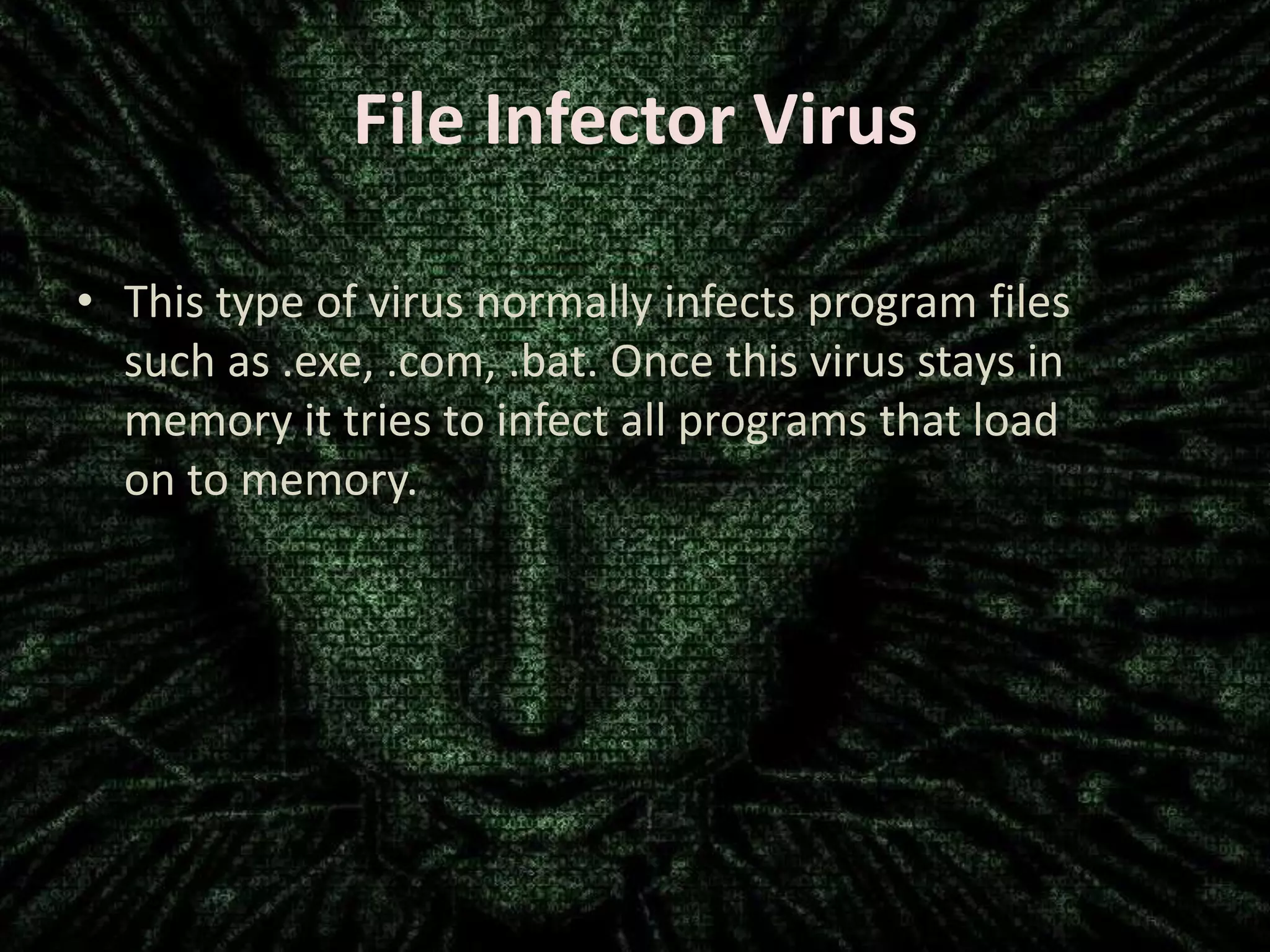 File Infector Virus
• This type of virus normally infects program files
such as .exe, .com, .bat. Once this virus stays in
memory it tries to infect all programs that load
on to memory.

 