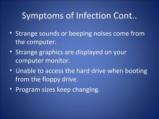 Code Red Worm
Designed to do three things
 Replicate itself for the first 20 days of each
month.
 Replace web pages on infected servers with a
page that declares “Hacked by Chinese”
 Launch a concreted attack on the White
House Web server
 