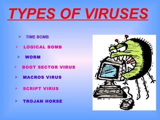 TYPES OF VIRUSES 
 TIME BOMB 
 LOGICAL BOMB 
 WORM 
 BOOT SECTOR VIRUS 
 MACROS VIRUS 
 SCRIPT VIRUS 
 TROJAN HORSE 
 