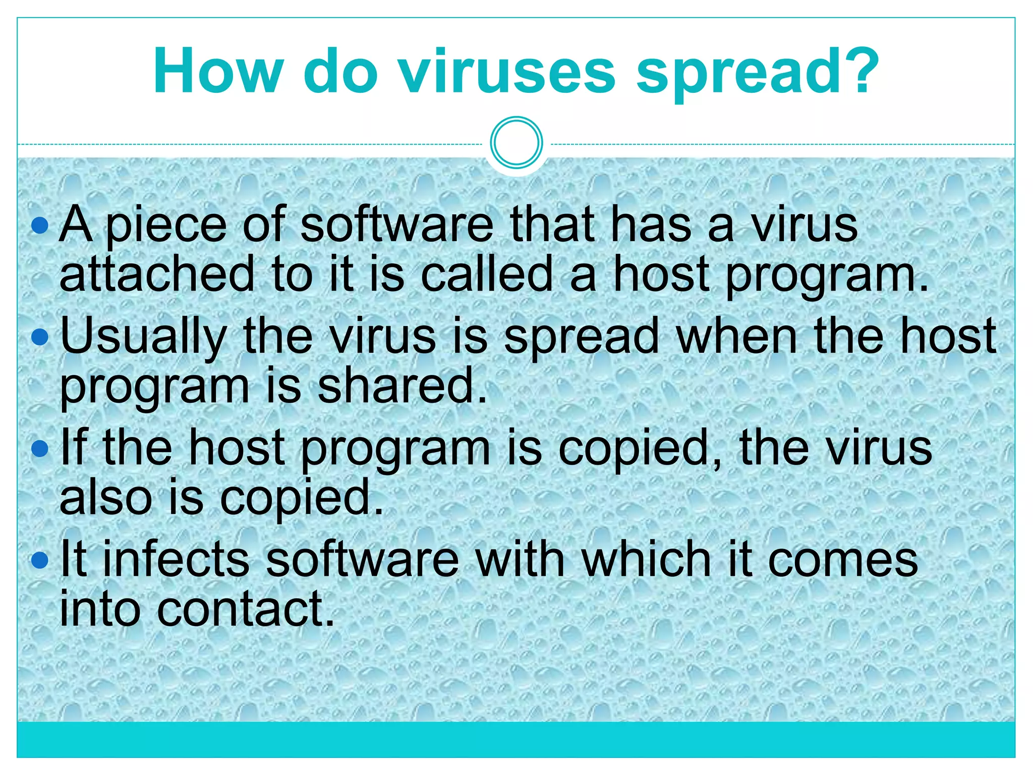 How do viruses spread?
 A piece of software that has a virus
attached to it is called a host program.
 Usually the virus is spread when the host
program is shared.
 If the host program is copied, the virus
also is copied.
 It infects software with which it comes
into contact.
 