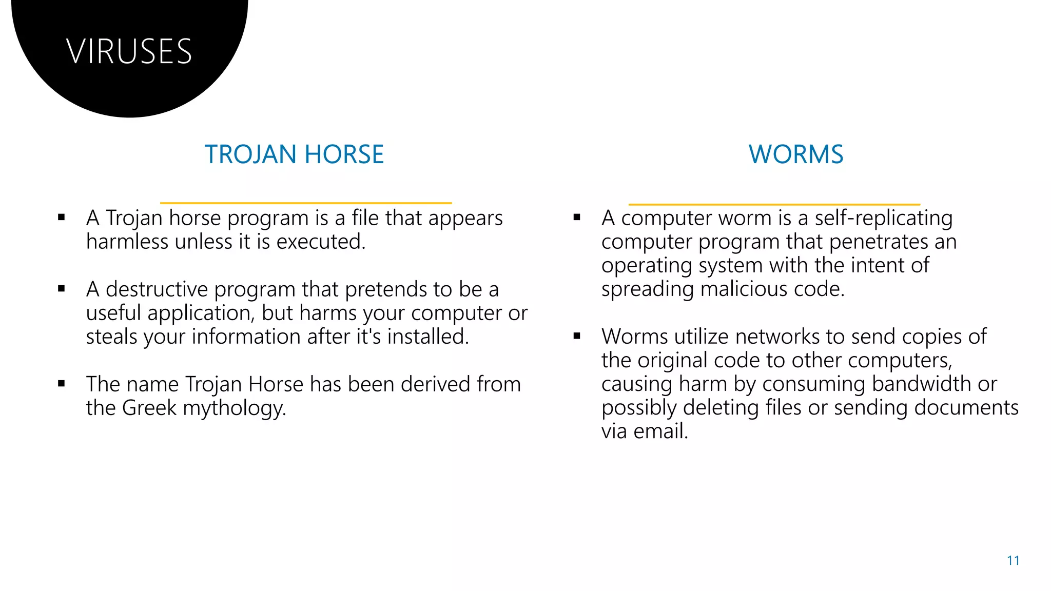 VIRUSES
 A Trojan horse program is a file that appears
harmless unless it is executed.
 A destructive program that pretends to be a
useful application, but harms your computer or
steals your information after it's installed.
 The name Trojan Horse has been derived from
the Greek mythology.
 The name Trojan Horse has been derived from
the Greek mythology.
useful application, but harms your computer or
The name Trojan Horse has been derived from
 A computer worm is a self-replicating
computer program that penetrates an
operating system with the intent of
spreading malicious code.
 Worms utilize networks to send copies of
the original code to other computers,
causing harm by consuming bandwidth or
possibly deleting files or sending documents
The name Trojan Horse has been derived from causing harm by consuming bandwidth or
possibly deleting files or sending documents
via email.
11
 