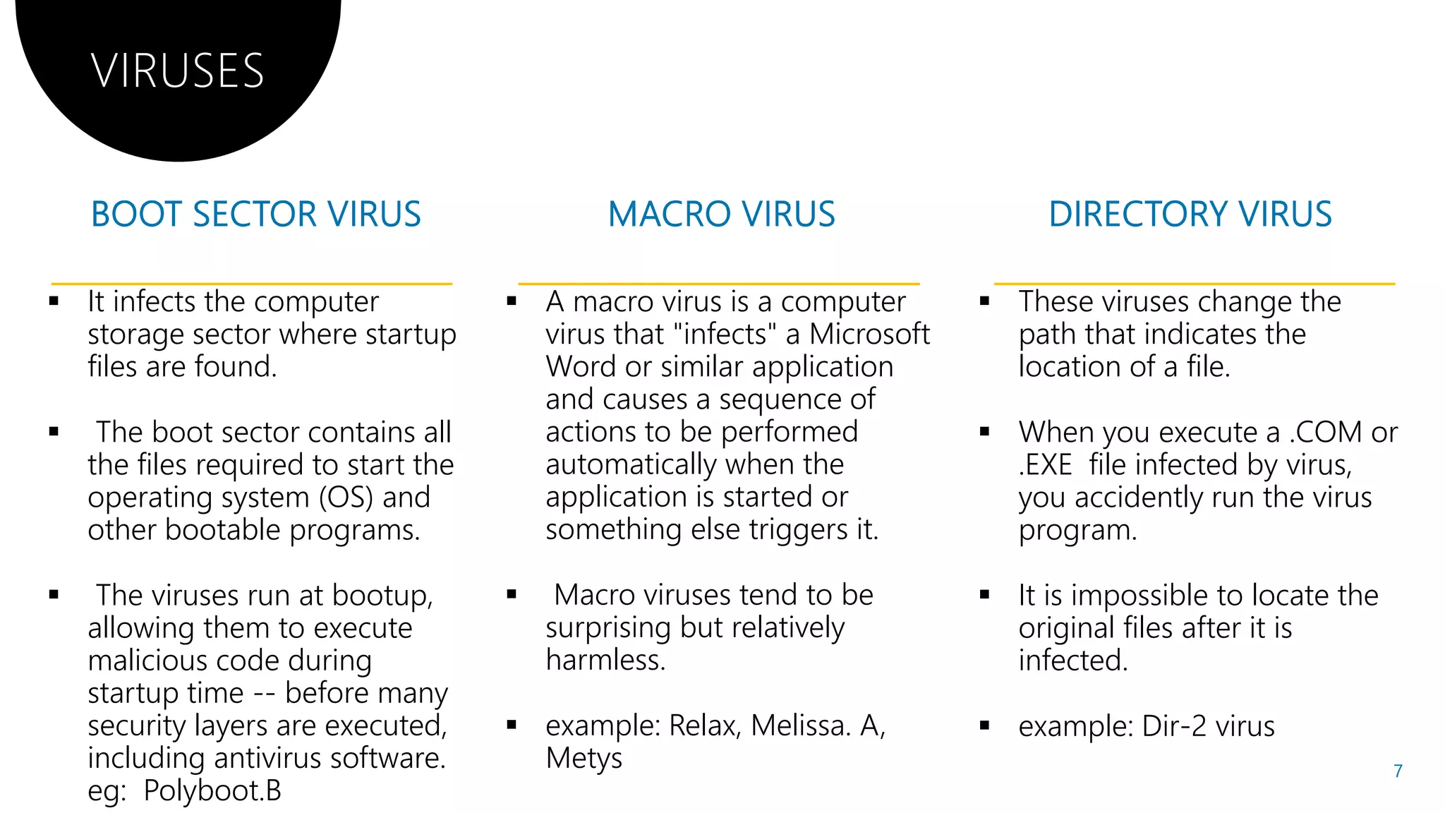 VIRUSES
 It infects the computer
storage sector where startup
files are found.
 The boot sector contains all
the files required to start the
operating system (OS) and
other bootable programs.
 A macro virus is a computer
virus that "infects" a Microsoft
Word or similar application
and causes a sequence of
actions to be performed
automatically when the
application is started or
something else triggers it.other bootable programs.
 The viruses run at bootup,
allowing them to execute
malicious code during
startup time -- before many
security layers are executed,
including antivirus software.
eg: Polyboot.B
something else triggers it.
 Macro viruses tend to be
surprising but relatively
harmless.
 example: Relax, Melissa. A
Metys
A macro virus is a computer
virus that "infects" a Microsoft
Word or similar application
and causes a sequence of
actions to be performed
automatically when the
application is started or
something else triggers it.
 These viruses change the
path that indicates the
location of a file.
 When you execute a .COM or
.EXE file infected by virus,
you accidently run the virus
program.something else triggers it.
Macro viruses tend to be
surprising but relatively
example: Relax, Melissa. A,
program.
 It is impossible to locate the
original files after it is
infected.
 example: Dir-2 virus
7
 