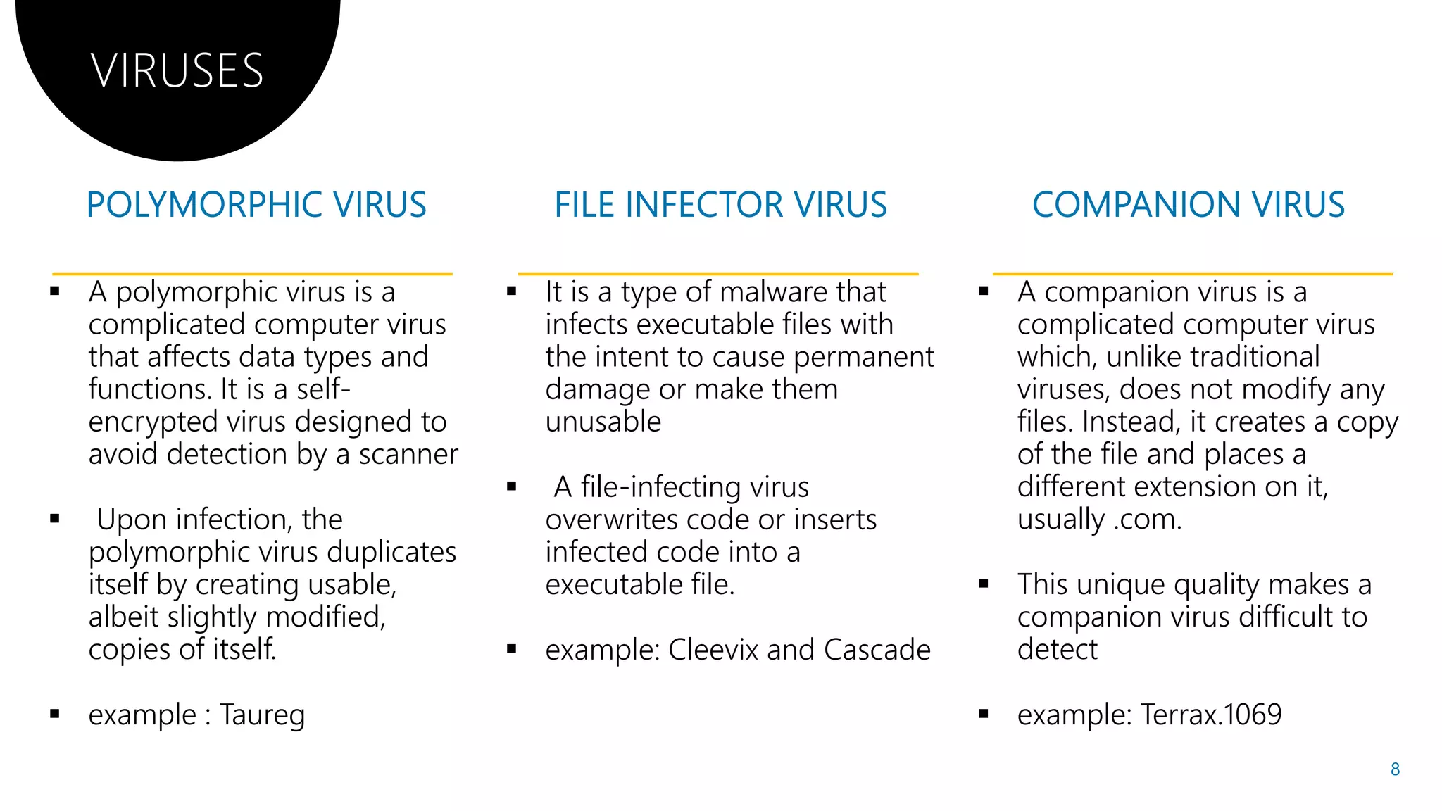 A polymorphic virus is a It is a type of malware that
VIRUSES
 A polymorphic virus is a
complicated computer virus
that affects data types and
functions. It is a self-
encrypted virus designed to
avoid detection by a scanner
 Upon infection, the
polymorphic virus duplicates
 It is a type of malware that
infects executable files with
the intent to cause permanent
damage or make them
unusable
 A file-infecting virus
overwrites code or inserts
infected code into apolymorphic virus duplicates
itself by creating usable,
albeit slightly modified,
copies of itself.
 example : Taureg
infected code into a
executable file.
 example: Cleevix and Cascade
It is a type of malware that A companion virus is aIt is a type of malware that
infects executable files with
the intent to cause permanent
damage or make them
infecting virus
overwrites code or inserts
infected code into a
 A companion virus is a
complicated computer virus
which, unlike traditional
viruses, does not modify any
files. Instead, it creates a copy
of the file and places a
different extension on it,
usually .com.
infected code into a
executable file.
example: Cleevix and Cascade
 This unique quality makes a
companion virus difficult to
detect
 example: Terrax.1069
8
 