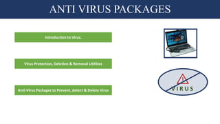 ANTI VIRUS PACKAGES
V I R U S
!
Introduction to Virus.
Virus Protection, Deletion & Removal Utilities
Anti-Virus Packages to Prevent, detect & Delete Virus
 