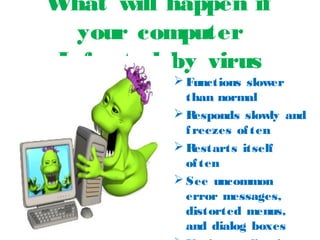 What will happen if
your computer
Infected by virus
 Functions slower
than normal
 Responds slowly and
freezes often
 Restarts itself
often
 See uncommon
error messages,
distorted menus,
and dialog boxes
 