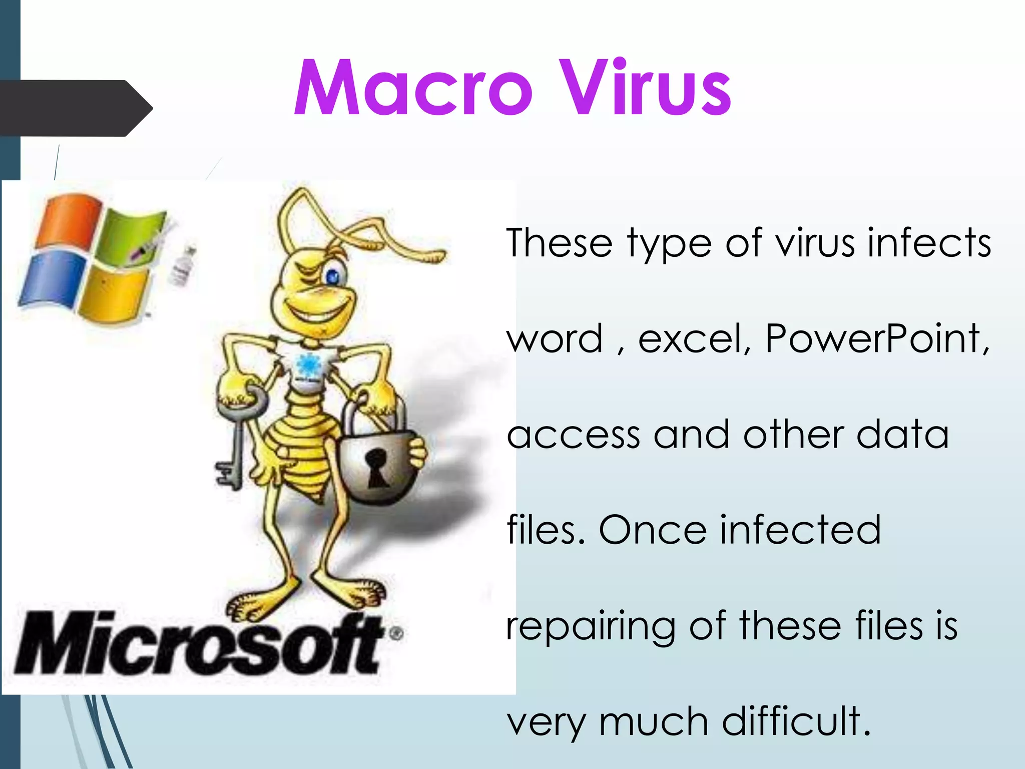 Macro Virus 
These type of virus infects 
word , excel, PowerPoint, 
access and other data 
files. Once infected 
repairing of these files is 
very much difficult. 
 