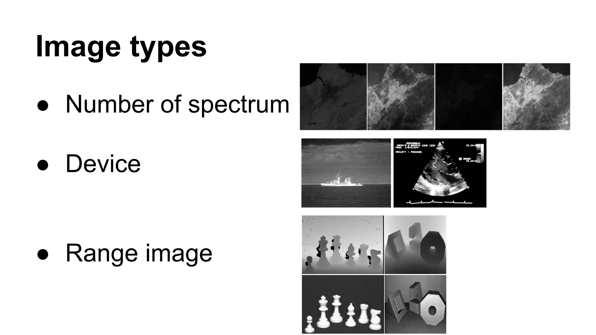 Image types 
● Number of spectrum 
● Device 
● Range image 
 