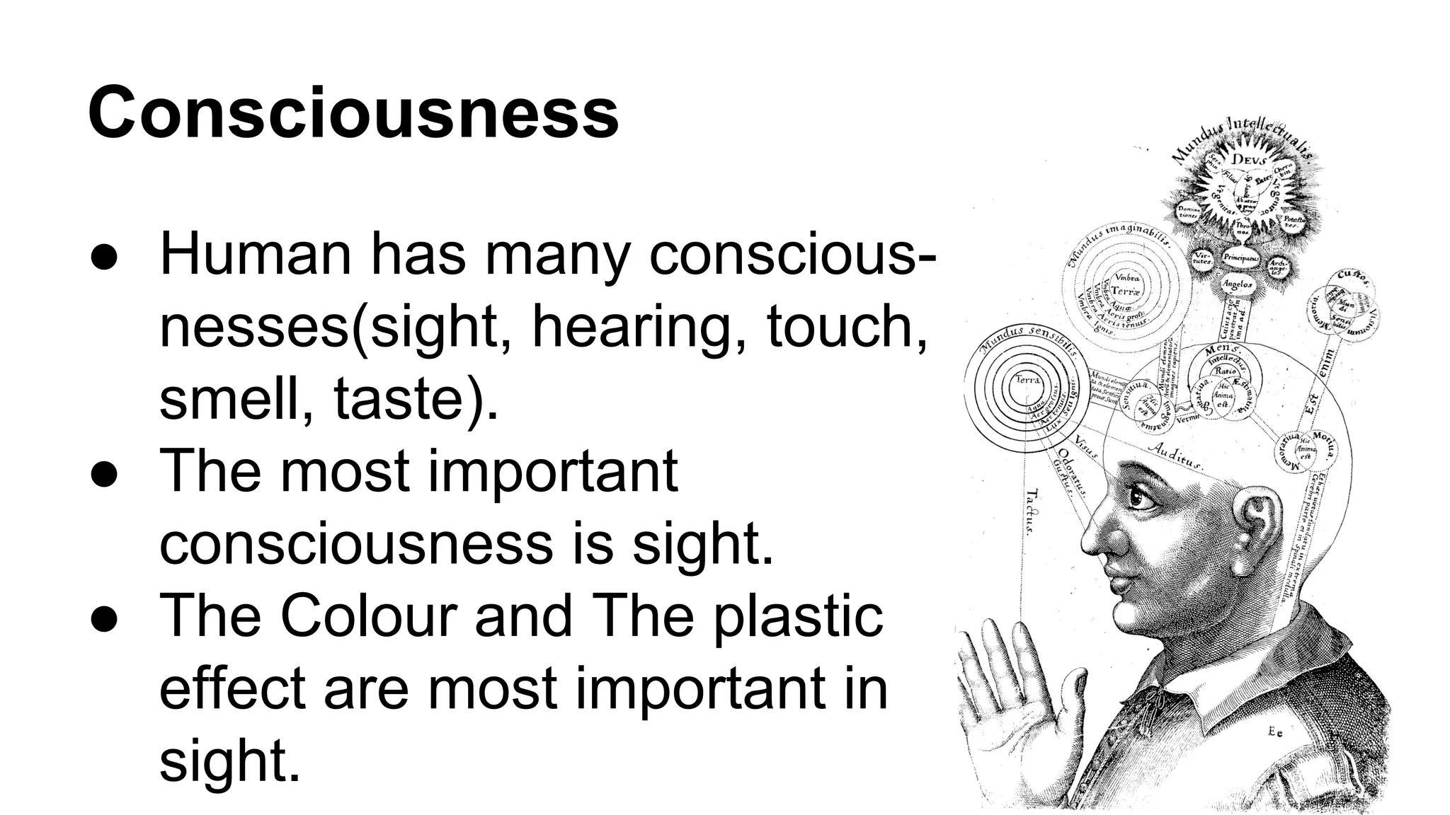 Consciousness 
● Human has many conscious-nesses( 
sight, hearing, touch, 
smell, taste). 
● The most important 
consciousness is sight. 
● The Colour and The plastic 
effect are most important in 
sight. 
 