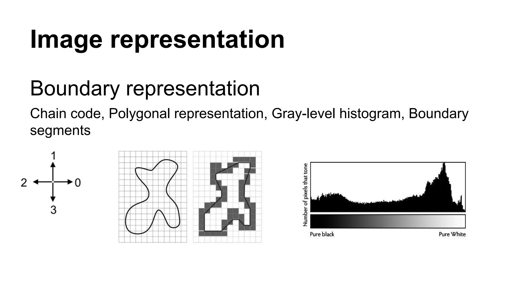Image representation 
Boundary representation 
Chain code, Polygonal representation, Gray-level histogram, Boundary 
segments 
 