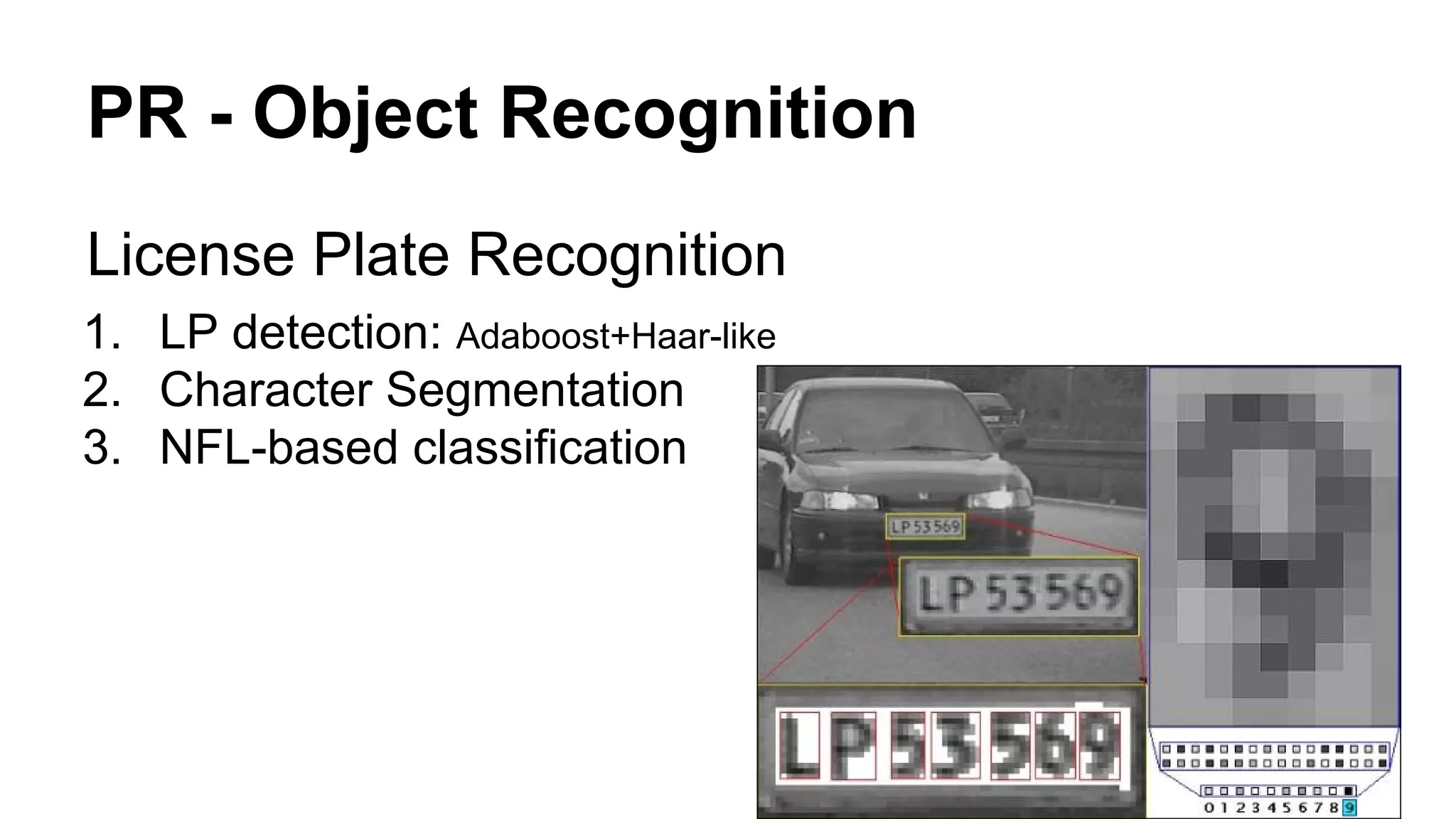 PR - Object Recognition 
License Plate Recognition 
1. LP detection: Adaboost+Haar-like 
2. Character Segmentation 
3. NFL-based classification 
 