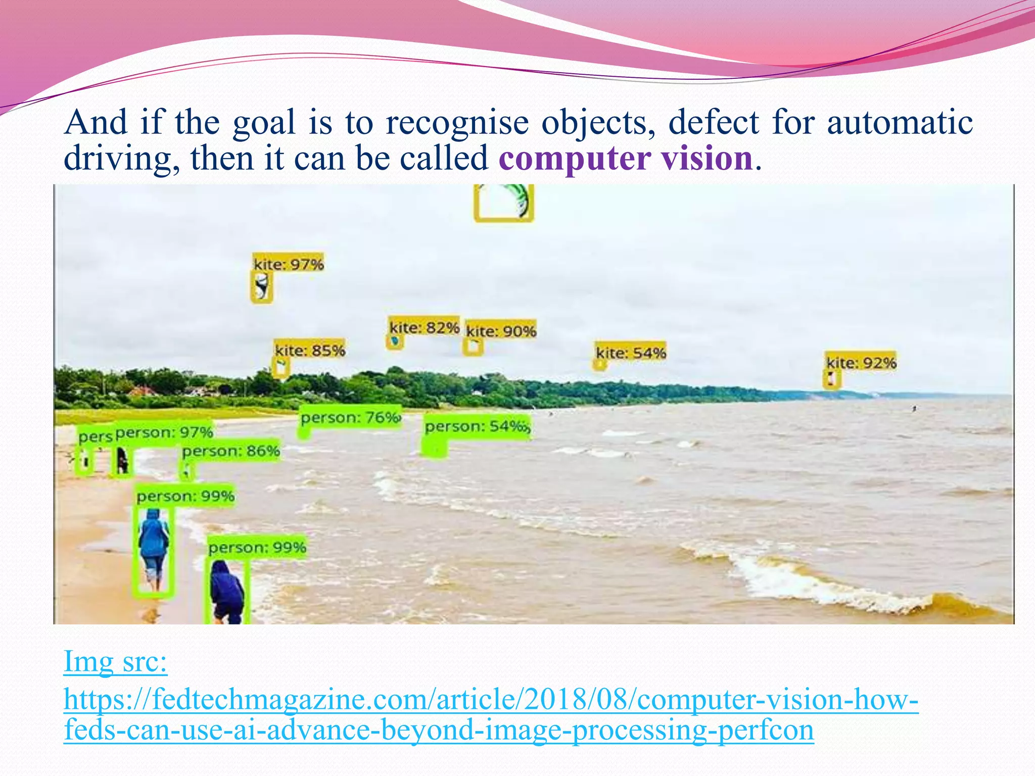 And if the goal is to recognise objects, defect for automatic
driving, then it can be called computer vision.
Img src:
https://fedtechmagazine.com/article/2018/08/computer-vision-how-
feds-can-use-ai-advance-beyond-image-processing-perfcon
 