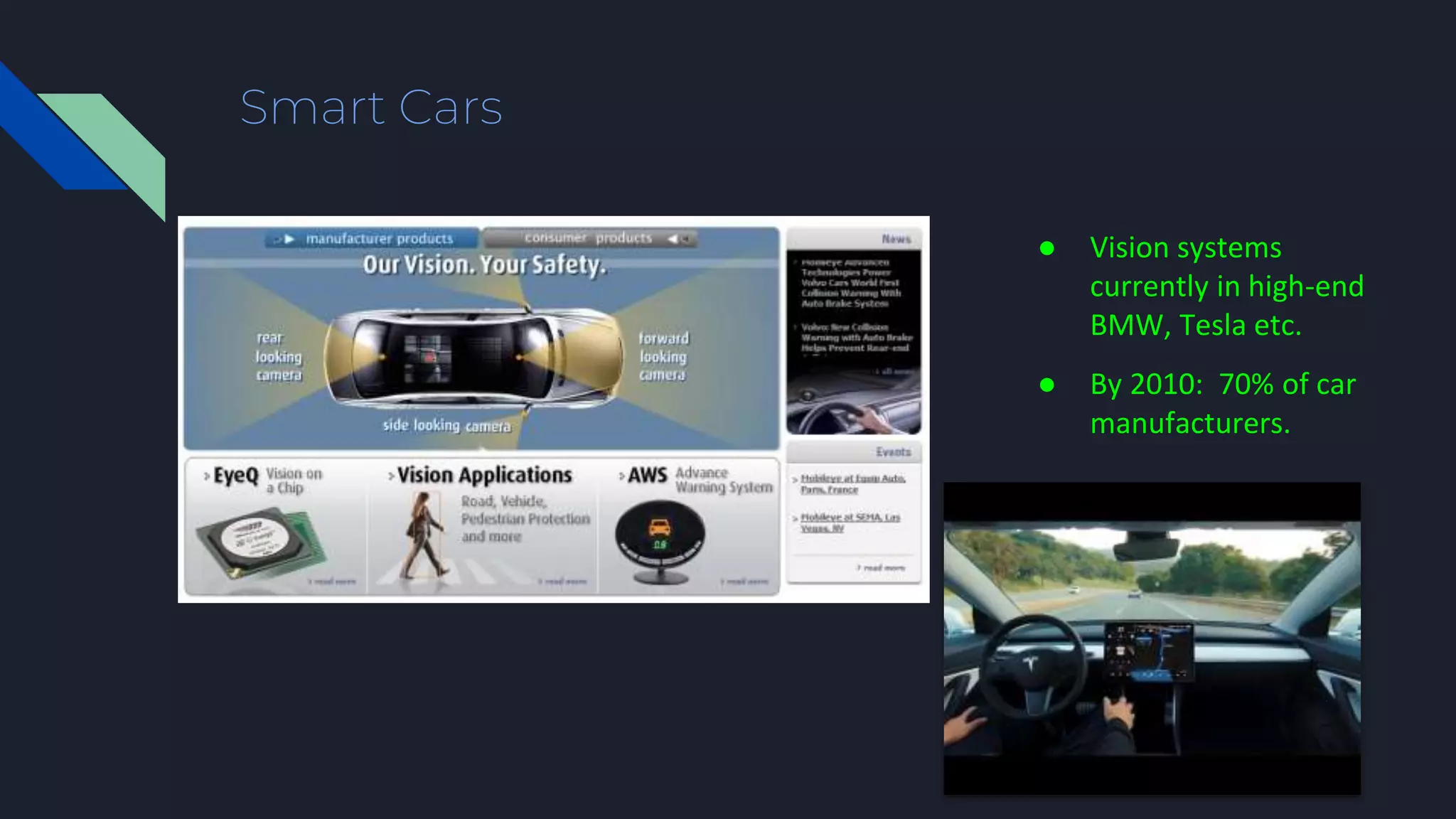 Smart Cars
● Vision systems
currently in high-end
BMW, Tesla etc.
● By 2010: 70% of car
manufacturers.
 