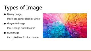 Types of Image
● Binary Image
Pixels are either black or white
● Grayscale Image
Pixels range from 0 to 255
● RGB Image
Each pixel has 3 color channel
 