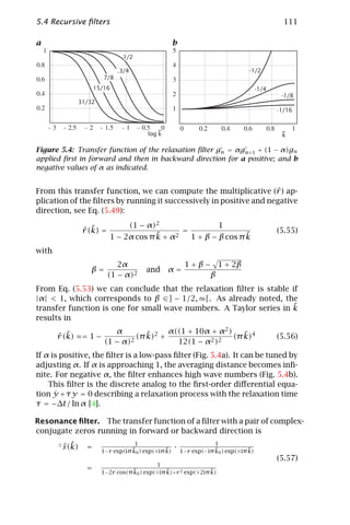 5.4 Recursive ﬁlters                                                                              111

a                                                      b
                                  .1/2

                                 .3/4                                               -1/2
                           7/8
                        15/16                                                            -1/4
                                                                                                 -1/8
               31/32
                                                                                                -1/16


                                               ~                                                 ~
                                           log k                                                 k

Figure 5.4: Transfer function of the relaxation ﬁlter gn = αgn 1 + (1 − α)gn
applied ﬁrst in forward and then in backward direction for a positive; and b
negative values of α as indicated.


From this transfer function, we can compute the multiplicative (ˆ) ap-
                                                                     r
plication of the ﬁlters by running it successively in positive and negative
direction, see Eq. (5.49):
                                  (1 − α)2                 1
                   ˆ ˜
                   r (k) =                       =                                              (5.55)
                                          ˜
                             1 − 2α cos π k + α2                   ˜
                                                   1 + β − β cos π k
with
                                2α                          1 + β − 1 + 2β
                     β=                   and      α=
                             (1 − α)2                              β
From Eq. (5.53) we can conclude that the relaxation ﬁlter is stable if
|α| < 1, which corresponds to β ∈] − 1/2, ∞[. As already noted, the
                                                                    ˜
transfer function is one for small wave numbers. A Taylor series in k
results in
                              α               α((1 + 10α + α2 )
       ˆ ˜
       r (k) ≈= 1 −                2
                                        ˜
                                     (π k)2 +                      ˜
                                                                (π k)4                          (5.56)
                           (1 − α)              12(1 − α2 )2
If α is positive, the ﬁlter is a low-pass ﬁlter (Fig. 5.4a). It can be tuned by
adjusting α. If α is approaching 1, the averaging distance becomes inﬁ-
nite. For negative α, the ﬁlter enhances high wave numbers (Fig. 5.4b).
    This ﬁlter is the discrete analog to the ﬁrst-order diﬀerential equa-
      ˙
tion y + τy = 0 describing a relaxation process with the relaxation time
τ = −∆t/ ln α [4].

Resonance ﬁlter. The transfer function of a ﬁlter with a pair of complex-
conjugate zeros running in forward or backward direction is
       ±
           ˆ ˜
           s (k)    =                ˜
                                      1
                                                  ˜    ·
                                                                       1
                                                                       ˜            ˜
                          1−r exp(iπ k0 ) exp( iπ k)       1−r exp(−iπ k0 ) exp( iπ k)
                                                                                                (5.57)
                                              1
                    =                ˜            ˜               ˜
                          1−2r cos(π k0 ) exp( iπ k)+r 2 exp( 2iπ k)
 