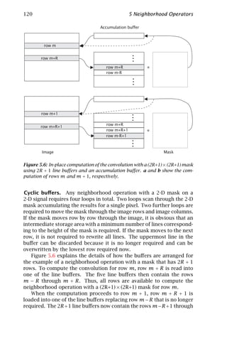 120                                               5 Neighborhood Operators

                                   Accumulation buffer



         row m




                                                …
        row m+R

                                      row m+R            *
                                      row m-R




                                                …
        row m+1



                                                …
                                      row m+R
        row m+R+1
                                      row m+R+1
                                                         *
                                      row m-R+1
                                                …

        Image                                                    Mask


Figure 5.6: In-place computation of the convolution with a (2R+1) × (2R+1) mask
using 2R + 1 line buﬀers and an accumulation buﬀer. a and b show the com-
putation of rows m and m + 1, respectively.


Cyclic buﬀers. Any neighborhood operation with a 2-D mask on a
2-D signal requires four loops in total. Two loops scan through the 2-D
mask accumulating the results for a single pixel. Two further loops are
required to move the mask through the image rows and image columns.
If the mask moves row by row through the image, it is obvious that an
intermediate storage area with a minimum number of lines correspond-
ing to the height of the mask is required. If the mask moves to the next
row, it is not required to rewrite all lines. The uppermost line in the
buﬀer can be discarded because it is no longer required and can be
overwritten by the lowest row required now.
    Figure 5.6 explains the details of how the buﬀers are arranged for
the example of a neighborhood operation with a mask that has 2R + 1
rows. To compute the convolution for row m, row m + R is read into
one of the line buﬀers. The ﬁve line buﬀers then contain the rows
m − R through m + R. Thus, all rows are available to compute the
neighborhood operation with a (2R+1) × (2R+1) mask for row m.
    When the computation proceeds to row m + 1, row m + R + 1 is
loaded into one of the line buﬀers replacing row m − R that is no longer
required. The 2R + 1 line buﬀers now contain the rows m − R + 1 through
 