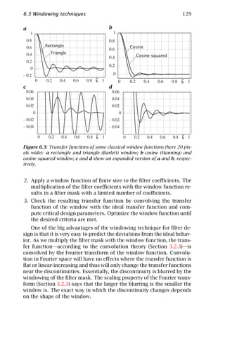 6.3 Windowing techniques                                                  129

a                                       b


          Rectangle                               Cosine
            Triangle
                                                     Cosine squared




                                  ~                                       ~
                                  k                                       k
c                                       d




                                  ~                                       ~
                                  k                                       k

Figure 6.3: Transfer functions of some classical window functions (here 20 pix-
els wide): a rectangle and triangle (Barlett) window; b cosine (Hanning) and
cosine squared window; c and d show an expanded version of a and b, respec-
tively.


2. Apply a window function of ﬁnite size to the ﬁlter coeﬃcients. The
   multiplication of the ﬁlter coeﬃcients with the window function re-
   sults in a ﬁlter mask with a limited number of coeﬃcients.
3. Check the resulting transfer function by convolving the transfer
   function of the window with the ideal transfer function and com-
   pute critical design parameters. Optimize the window function until
   the desired criteria are met.
    One of the big advantages of the windowing technique for ﬁlter de-
sign is that it is very easy to predict the deviations from the ideal behav-
ior. As we multiply the ﬁlter mask with the window function, the trans-
fer function—according to the convolution theory (Section 3.2.3)—is
convolved by the Fourier transform of the window function. Convolu-
tion in Fourier space will have no eﬀects where the transfer function is
ﬂat or linear-increasing and thus will only change the transfer functions
near the discontinuities. Essentially, the discontinuity is blurred by the
windowing of the ﬁlter mask. The scaling property of the Fourier trans-
form (Section 3.2.3) says that the larger the blurring is the smaller the
window is. The exact way in which the discontinuity changes depends
on the shape of the window.
 