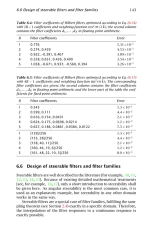 6.6 Design of steerable ﬁlters and ﬁlter families                               143


Table 6.4: Filter coeﬃcients of Hilbert ﬁlters optimized according to Eq. (6.34)
                                                              ˜
with 2R + 1 coeﬃcients and weighting function cos4 (π /2 k); the second column
contains the ﬁlter coeﬃcients d1 , . . . , dR in ﬂoating point arithmetic.

 R       Filter coeﬃcients                                             Error

 1       0.776                                                         5.31 × 10−1
 2       0.274, 0.439                                                  4.53 × 10−1
 3       0.922, –0.391, 0.467                                          3.89 × 10−1
 4       0.228, 0.651, 0.426, 0.409                                    3.54 × 10−1
 5       1.038, –0.671, 0.937, –0.560, 0.394                           3.26 × 10−1



Table 6.5: Filter coeﬃcients of Hilbert ﬁlters optimized according to Eq. (6.17)
                                                            ˜
with 4R − 1 coeﬃcients and weighting function sin2 (π k); The corresponding
ﬁlter coeﬃcients are given; the second column contains the ﬁlter coeﬃcients
d1 , . . . , dR in ﬂoating point arithmetic and the lower part of the table the coef-
ﬁcients for ﬁxed-point arithmetic.

 R       Filter coeﬃcients                                             Error

 1       0.543                                                         1.3 × 10−1
 2       0.599, 0.111                                                  4.4 × 10−2
 3       0.616, 0.154, 0.0431                                          2.1 × 10−2
 4       0.624, 0.175, 0.0698, 0.0214                                  1.2 × 10−2
 5       0.627, 0.186, 0.0861, 0.0384, 0.0122                          7.5 × 10−3

 1       [139]/256                                                     1.3 × 10−1
 2       [153, 28]/256                                                 4.4 × 10−2
 3       [158, 40, 11]/256                                             2.1 × 10−2
 4       [160, 46, 19, 6]/256                                          1.2 × 10−2
 5       [161, 48, 22, 10, 3]/256                                      8.0 × 10−3



6.6 Design of steerable ﬁlters and ﬁlter families

Steerable ﬁlters are well described in the literature [for example, 10, 11,
12, 13, 14, 15]. Because of existing detailed mathematical treatments
[see, for example, 16, 17], only a short introduction to steerability shall
be given here. As angular steerability is the most common case, it is
used as an explanatory example, but steerability in any other domain
works in the same way.
    Steerable ﬁlters are a special case of ﬁlter families, fulﬁlling the sam-
pling theorem (see Section 2.4) exactly in a speciﬁc domain. Therefore,
the interpolation of the ﬁlter responses to a continuous response is
exactly possible.
 