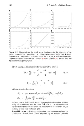 148                                                                                6 Principles of Filter Design

a                                              b                                                 c
14                                             14                                                    3
12                                             12                                                2.5
10                                             10
                                                                                                     2
 8                                              8
                                                                                                 1.5
 6                                              6
                                                                                                     1
 4                                              4
 2                                              2                                                0.5

 0                                              0                                                    0
     0    0.1   0.2    0.3   0.4   0.5   0.6        0    0.1   0.2   0.3   0.4   0.5       0.6           0           0.1     0.2     0.3    0.4    0.5   0.6
d                                              e                                                 f
14
                                               18                                                0.0005
12                                             16
                                               14                                                0.0004
10
                                               12
8                                                                                                0.0003
                                               10
6                                               8
                                                                                                 0.0002
                                                6
4
                                                4                                                0.0001
2                                               2
                                                0                                                            0
0                                                   0    0.1   0.2   0.3   0.4   0.5       0.6                   0     0.1     0.2    0.3    0.4   0.5   0.6
     0   0.1    0.2    0.3   0.4   0.5   0.6


Figure 6.7: Magnitude of the angle error in degree for the direction of the
largest error (22.5°). Upper line: 3 × 3-ﬁlters (a symmetric diﬀerence, b Sobel,
c optimized). Lower line: 5 × 5-ﬁlters (d [-1 8 0 -8 1]/16, e derivative of Gauss,
f optimized; refer to results in Example 6.9 and Table 6.6). Please note the
diﬀerent scales of the y axes.


         Direct ansatz. A direct ansatz for the derivative ﬁlters is

                                                                d           −d
                                               1
                                   Dx =          1−d                  0                −(1 − d)                                             (6.40)
                                               2
                                                                d           −d


                                                                     −1            −1
                                                         1
                                         Dy =            √     0             0                   0                                          (6.41)
                                                        2 3
                                                                     1                 1

         with the transfer functions
                                                                                       √
                      ˆ                          ˜               3π ˜        π˜
                      Dx     =     (1 − d) sin(π kx ) + 2 d cos(    ky ) sin( kx )
                                                                 2           2
                                            √
                      ˆ             2        3π ˜          π˜
                      Dy     =     √ sin(       ky ) cos( kx )
                                     3        2            2
         For this size of ﬁlters there are no more degrees of freedom, consid-
                                               ˆ ˜
         ering the symmetries and the claim D(k = 0) = i . With these ﬁlters
         the reference function and error can be computed in the same way as
         in the 2-D case on a Cartesian grid.
         Steerability ansatz. Gradient computation can be understood as com-
         putation of the maximum of the response Dφ of a set of steerable
 