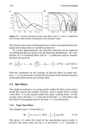 158                                                         7 Local Averaging

a                                          b

                                                                     3
                                                       15     7
                     3
       15   7




                                     ~                                      ~
                                     k                                      k

Figure 7.1: Transfer functions of type I box ﬁlters with 3, 7, and 15 coeﬃcients
in a a linear plot; and b a log-log plot of the absolute value.


This feature shows the central importance of the Gaussian function for
signal processing from yet another perspective.
   To a good approximation, the Gaussian function can be replaced
on orthogonal discrete lattices by the binomial distribution. The coef-
ﬁcients of a 1-D binomal ﬁlter with R + 1 coeﬃcients and its transfer
function are given by

       1                           R
BR =        b0 = 1, . . . , br =                         ⇒ˆ ˜               ˜
                                     , . . . , bR+1 = 1 ⇐ B R (k) = cosR (π k/2)
       2R                          r
                                                                          (7.16)

With the comments on the isotropy of discrete ﬁlters in mind (Sec-
tion 7.2.2), it is necessary to study the deviation of the transfer function
of binomial ﬁlters from an isotropic ﬁlter.


7.3 Box ﬁlters

The simplest method is to average pixels within the ﬁlter mask and to
divide the sum by the number of pixels. Such a simple ﬁlter is called
a box ﬁlter . It is also known under the name running mean. In this
section, type I (Section 7.3.1) and type II (Section 7.3.2) box ﬁlters and
box ﬁlters on hexagonal lattices (Section 7.3.3) are discussed.

7.3.1 Type I box ﬁlters

The simplest type I 1-D box ﬁlter is

                          1                     1 2
                 3
                     R=                ⇒ ˆ ˜             ˜
                            [1, 1, 1] ⇐ 3 R(k) = + cos(π k)              (7.17)
                          3                     3 3
The factor 1/3 scales the result of the convolution sum in order to
preserve the mean value (see Eq. (7.1) in Section 7.2.1). Generally, a
 