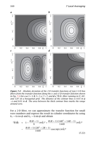 160                                                                                                                 7 Local Averaging

a                                                                          b
                                p                                                                   p

    f                                                                           f
                                    p                                                           p



                            p                                                                                   p



                        p                                                                                   p




                                                                      ~                                                          ~
                                                                      k                                                          k
c                                                                          d
                p                                                                       p

f                                                                           f
        p                                                                           p



            p                                                                               p



                    p                                                                                   p




                                                                      ~                                                          ~
                                                                      k                                                          k

Figure 7.2: Absolute deviation of the 2-D transfer functions of type I 2-D box
ﬁlters from the transfer function along the x axis (1-D transfer function shown
                                                        ˆ ˜
in Fig. 7.1) for a a 3 × 3, b 5 × 5, c 7 × 7, and d a 3 R(k) ﬁlter running in 0°, 60°,
and 120° on a hexagonal grid. The distance of the contour lines is 0.05 in a
- c and 0.01 in d. The area between the thick contour lines marks the range
around zero.


For a 2-D ﬁlter, we can approximate the transfer function for small
wave numbers and express the result in cylinder coordinates by using
k1 = k cos φ and k2 = k sin φ and obtain

                                          ˆ ˜
                                        I R(k)            R(R + 1)    ˜     R(R + 1)(14R 2 + 14R − 1)    ˜
                                                 ≈   1−            (π k)2 +                           (π k)4
                                                             6                        1440
                                                     R(R + 1)(2R 2 + 2R + 1)           ˜
                                                 −                           cos(4φ)(π k)4
                                                             1440
                                                                                                                               (7.22)
 