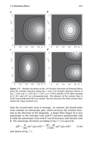 7.4 Binomial ﬁlters                                                                                              165

a                                                                       b
            p                                                                       p

    f                                                                       f
                    p                                                           p



        p                                                                                       p



                p                                                                           p




                                                                   ~                                             ~
                                                                   k                                             k
c                                                                       d
                                p                                                                           p

f                                                                       f
                            p                                                           p



                        p                                                                               p



                                    p                                                               p




                                                                   ~                                             ~
                                                                   k                                             k

Figure 7.5: Absolute deviation of the 2-D transfer functions of binomial ﬁlters
from the transfer function along the x axis (1-D transfer function shown in
                                                                         ˜
Fig. 7.4) for a a 3 × 3 (B2 ), b 5 × 5 (B4 ), c 9 × 9 (B8 ), and d a B2 (k) ﬁlter running
in 0°, 60°, and 120° on a hexagonal grid. The distance of the contour lines is
0.005 in a and b and 0.001 in c and d. The area between the thick contour lines
marks the range around zero.


Only the second-order term is isotropic. In contrast, the fourth-order
term contains an anisotropic part, which increases the transfer func-
tion in the direction of the diagonals. A larger ﬁlter (larger R) is less
                                        ˜
anisotropic as the isotropic term with k4 increases quadratically with
                                  ˜4 cos 4θ increases only linearly with
R while the anisotropic term with k
R. The anisotropy deviation according to Eq. (7.23) is given by
                                                  R              ˜     5R 2 − 4R             ˜
                                         ˆ
                                        ∆B R ≈       sin2 (2φ)(π k)4 +           sin2 (2φ)(π k)6                (7.40)
                                                 384                    15360
and shown in Fig. 7.5.
 