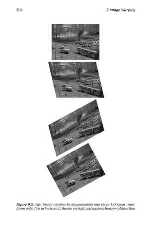 204                                                            9 Image Warping




Figure 9.5: Fast image rotation by decomposition into three 1-D shear trans-
forms only: ﬁrst in horizontal, then in vertical, and again in horizontal direction.
 