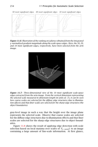 254                             11 Principles for Automatic Scale Selection

  50 most signiﬁcant edges   20 most signiﬁcant edges   10 most signiﬁcant edges




Figure 11.6: Illustration of the ranking on saliency obtained from the integrated
γ-normalized gradient magnitude along the scale-space edges. Here, the 50, 20,
and 10 most signiﬁcant edges, respectively, have been selected from the arm
image.




Figure 11.7: Three-dimensional view of the 10 most signiﬁcant scale-space
edges extracted from the arm image. From the vertical dimension representing
                                                              √
the selected scale measured in dimension length (in units of t), it can be seen
how coarse scales are selected for the diﬀuse edge structures (due to illumina-
tion eﬀects) and that ﬁner scales are selected for the sharp edge structures (the
object boundaries).


gray-level image in such a way that the height over the image plane
represents the selected scale. Observe that coarse scales are selected
for the diﬀuse edge structures due to illumination eﬀects and that ﬁner
scales are selected for the sharp edge structures due to object bound-
aries.
    Figure 11.8 shows the result of applying edge detection with scale
selection based on local maxima over scales of Tγ −norm L to an image
containing a large amount of ﬁne-scale information. At ﬁrst glance,
 