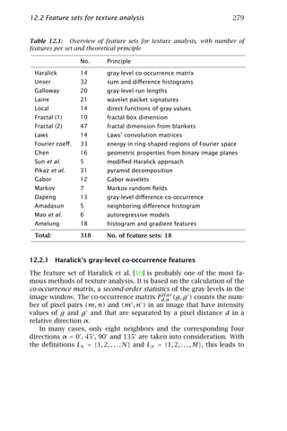 12.2 Feature sets for texture analysis                                      279


Table 12.1: Overview of feature sets for texture analysis, with number of
features per set and theoretical principle

                   No.       Principle

 Haralick          14        gray-level co-occurrence matrix
 Unser             32        sum and diﬀerence histograms
 Galloway          20        gray-level run lengths
 Laine             21        wavelet packet signatures
 Local             14        direct functions of gray values
 Fractal (1)       10        fractal box dimension
 Fractal (2)       47        fractal dimension from blankets
 Laws              14        Laws’ convolution matrices
 Fourier coeﬀ.     33        energy in ring-shaped regions of Fourier space
 Chen              16        geometric properties from binary image planes
 Sun et al.        5         modiﬁed Haralick approach
 Pikaz et al.      31        pyramid decomposition
 Gabor             12        Gabor wavelets
 Markov            7         Markov random ﬁelds
 Dapeng            13        gray-level diﬀerence co-occurrence
 Amadasun          5         neighboring diﬀerence histogram
 Mao et al.        6         autoregressive models
 Amelung           18        histogram and gradient features

 Total:            318       No. of feature sets: 18



12.2.1 Haralick’s gray-level co-occurrence features

The feature set of Haralick et al. [10] is probably one of the most fa-
mous methods of texture analysis. It is based on the calculation of the
co-occurrence matrix, a second-order statistics of the gray levels in the
                                               Har
image window. The co-occurrence matrix Pd,α (g, g ) counts the num-
ber of pixel pairs (m, n) and (m , n ) in an image that have intensity
values of g and g and that are separated by a pixel distance d in a
relative direction α.
    In many cases, only eight neighbors and the corresponding four
directions α = 0°, 45°, 90° and 135° are taken into consideration. With
the deﬁnitions Lx = {1, 2, . . . , N } and Ly = {1, 2, . . . , M }, this leads to
 