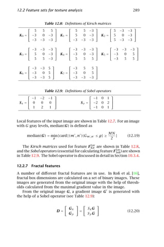 12.2 Feature sets for texture analysis                                                 289


                 Table 12.8: Deﬁnitions of Kirsch matrices
                                                                                  
          5     5   5              5    5 −3               5               −3       −3
                                                                                  
 K 0 =  −3     0 −3  K 1 =  5        0 −3  K 2 =  5                    0       −3 
         −3    −3 −3             −3 −3 −3                  5               −3       −3

                                                                                      
          −3   −3   −3                −3   −3       −3                −3    −3       −3
                                                                                   
 K3 =     5    0   −3       K 4 =  −3       0    −3       K 5 =  −3        0     5 
           5    5   −3                 5       5     5                −3        5     5

                                                    
         −3    −3   5                 −3    5        5
                                                    
 K 6 =  −3     0   5        K 7 =  −3    0        5 
         −3    −3   5                 −3   −3       −3



                  Table 12.9: Deﬁnitions of Sobel operators
                                                         
        −1     −2 −1                            −1 0 1
                                                         
 Sx =  0       0   0                 S y =  −2 0 2 
        1       2   1                           −1 0 1



Local features of the input image are shown in Table 12.7. For an image
with G gray levels, median(G) is deﬁned as

                                                                  MN
      median(G) = min{card{(m , n )|Gm ,n ≤ g } ≥                    }              (12.19)
                       g                                           2

    The Kirsch matrices used for feature F Loc are shown in Table 12.8,
                                             Kir
and the Sobel operators (essential for calculating feature F Loc ) are shown
                                                             Sob
in Table 12.9. The Sobel operator is discussed in detail in Section 10.3.4.

12.2.7 Fractal features

A number of diﬀerent fractal features are in use. In Roß et al. [16],
fractal box dimensions are calculated on a set of binary images. These
images are generated from the original image with the help of thresh-
olds calculated from the maximal gradient value in the image.
   From the original image G, a gradient image G is generated with
the help of a Sobel operator (see Table 12.9):


                                  Gx               Sx G
                           D=              =                                        (12.20)
                                  Gy               Sy G
 