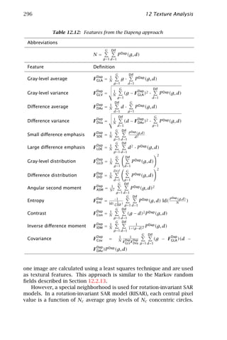 296                                                                             12 Texture Analysis


              Table 12.12: Features from the Dapeng approach

 Abbreviations
                                        G   Dif
                               N=                   P Dap (g, d)
                                       g =1 d=1

 Feature                       Deﬁnition
                                                 G                 Dif
                                 Dap        1
 Gray-level average            F GLA =      N            g·              P Dap (g, d)
                                                g =1            d=1
                                                        G                          Dif
                                 Dap            1                         Dap
 Gray-level variance           F GLV =          N             (g − F GLA )2 ·               P Dap (g, d)
                                                    g =1                          d=1
                                                 Dif               G
                                 Dap        1
 Diﬀerence average             F DAv =      N            d·              P Dap (g, d)
                                                d=1             g =1
                                                        Dif                         G
                                 Dap            1                         Dap
 Diﬀerence variance            F DVa =          N             (d − F DAv )2 ·               P Dap (g, d)
                                                    d=1                           g =1
                                                 G        Dif
                                 Dap        1                   P Dap (g,d)
 Small diﬀerence emphasis      F SDE =      N                       d2
                                                g =1 d=1
                                                 G Dif
                                 Dap        1
 Large diﬀerence emphasis      F LDE =      N                   d2 · P Dap (g, d)
                                                g =1 d=1
                                                                                        2
                                                    G         Dif
                                 Dap        1
 Gray-level distribution       F GLD =      N                        P Dap (g, d)
                                                g =1          d=1
                                                                                        2
                                                Dif            G
                                 Dap        1
 Diﬀerence distribution        F DiD =      N                        P Dap (g, d)
                                                d=1           g =1
                                                  G           Dif
                                 Dap        1
 Angular second moment         F ASM   =    N2
                                                                    P Dap (g, d)2
                                             g =1 d=1
                                                     G Dif
                                 Dap       −1                                 P Dap (g,d)
 Entropy                       F Ent =                       P Dap (g, d) ld(             )
                                        ld( G 1 )
                                              Dif g =1 d=1
                                                                                  N

                                            G Dif
                                 Dap     1
 Contrast                      F Con = N             (g − d)2 P Dap (g, d)
                                           g =1 d=1
                                            G Dif
                                 Dap     1                 1
 Inverse diﬀerence moment      F IDM = N              1+(g −d)2
                                                                 P Dap (g, d)
                                           g =1 d=1
                                                               G Dif
                                               1
                               F Cov = N Dap1 Dap
                                 Dap                                           Dap
 Covariance                                                            (g − F GLA )(d −
                                                  F GLV F DVa g =1 d=1
                                 Dap
                               F DAv )P Dap (g, d)



one image are calculated using a least squares technique and are used
as textural features. This approach is similar to the Markov random
ﬁelds described in Section 12.2.13.
   However, a special neighborhood is used for rotation-invariant SAR
models. In a rotation-invariant SAR model (RISAR), each central pixel
value is a function of Nc average gray levels of Nc concentric circles.
 