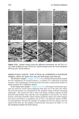 302                                                       12 Texture Analysis

e1                  e2                   e3                   e4




f1                  f2                   f3                   f4




g1                  g2                   g3                   g4




Figure 12.6: Sample images from the diﬀerent benchmark sets (II): SLA (e1-
e4): slabs of diﬀerent type; VIS (f1-f4): natural images from the Vistex database;
HON (g1-g4): metal surfaces.


applied texture analysis. Some of them are established as benchmark
samples, others are quite new, but are both large and relevant.
    The Brodatz sample (/images/12/bro) is a widespread benchmark sample
for the comparison of textural features. It consists of a collection of natural
textures. Our experiments are based on the electronic version from Weber [6],
which consists of 13 diﬀerent classes.
    In the tumor data sample (/images/12/tum), cell images from human spu-
tum are used for visual cancer diagnosis.This data set is the only one where
the textural features are calculated on the complete image without extracting
subimages. The reason for this is that each image contains regions of both
diseased and healthy cells, and the exact assignment is not known. For those
feature extraction methods which require quadratic input, the tumor images
have been stretched to a quadratic size of 256 × 256 pixel by means of bilin-
ear interpolation. Because the number of samples for the two classes was not
equal in this data set, the number of patterns per class given in Table 12.15 is
the minimum number for both classes.
 