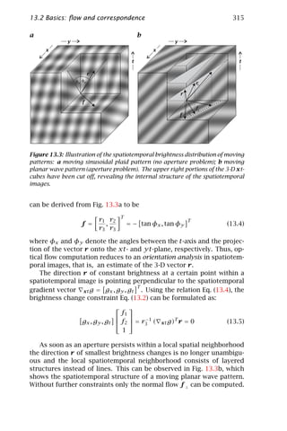 13.2 Basics: ﬂow and correspondence                                         315

a                                            b




Figure 13.3: Illustration of the spatiotemporal brightness distribution of moving
patterns: a moving sinusoidal plaid pattern (no aperture problem); b moving
planar wave pattern (aperture problem). The upper right portions of the 3-D xt-
cubes have been cut oﬀ, revealing the internal structure of the spatiotemporal
images.


can be derived from Fig. 13.3a to be
                                      T
                          r1 r2                                   T
                   f =      ,             = − tan φx , tan φy             (13.4)
                          r3 r3

where φx and φy denote the angles between the t-axis and the projec-
tion of the vector r onto the xt- and yt-plane, respectively. Thus, op-
tical ﬂow computation reduces to an orientation analysis in spatiotem-
poral images, that is, an estimate of the 3-D vector r.
    The direction r of constant brightness at a certain point within a
spatiotemporal image is pointing perpendicular to the spatiotemporal
                                    T
gradient vector xt g = gx , gy , gt . Using the relation Eq. (13.4), the
brightness change constraint Eq. (13.2) can be formulated as:
                                      
                                    f1
                                      
                   gx , gy , gt    f2  = r 3 1 (
                                             −
                                                     xt g)
                                                             T
                                                                 r=0      (13.5)
                                    1

   As soon as an aperture persists within a local spatial neighborhood
the direction r of smallest brightness changes is no longer unambigu-
ous and the local spatiotemporal neighborhood consists of layered
structures instead of lines. This can be observed in Fig. 13.3b, which
shows the spatiotemporal structure of a moving planar wave pattern.
Without further constraints only the normal ﬂow f ⊥ can be computed.
 
